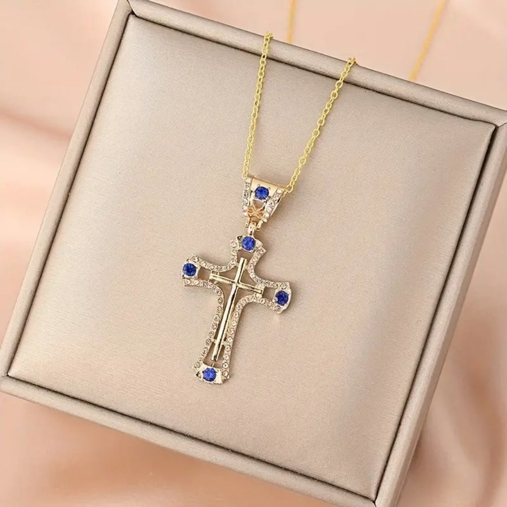 Cross Hip Hop Pendant Blue Stones with Necklace fine Jewelry Men Women - Picture 3 of 5